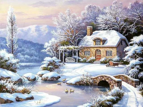 Diamond painting winterlandschap huis bos