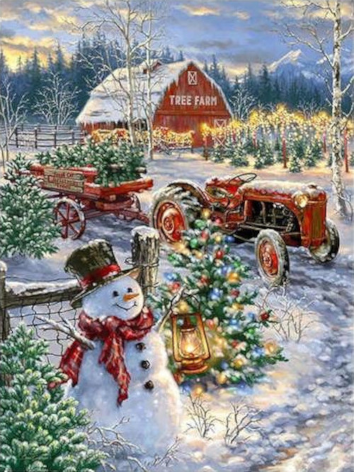 Diamond painting kerst boerderij sneeuwman