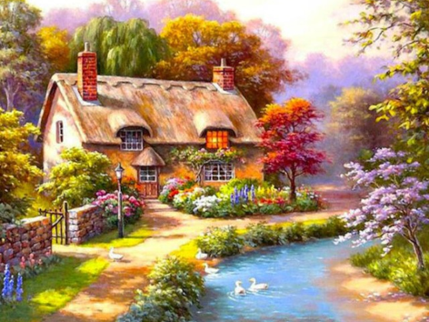 Diamond painting boerderijhuis tuin rivier