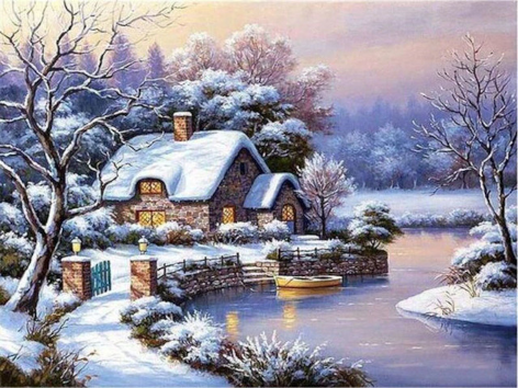 Diamond painting huis rivier bootje