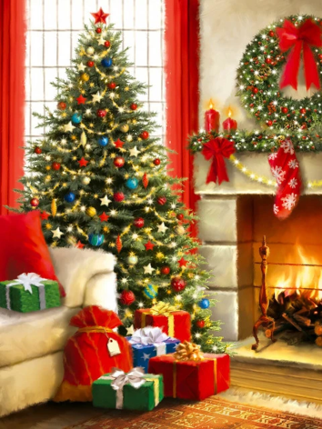 Diamond painting kerstboom openhaard bank