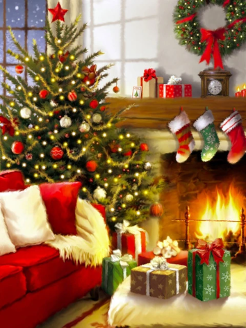 Diamond painting kerstboom openhaard cadeautjes