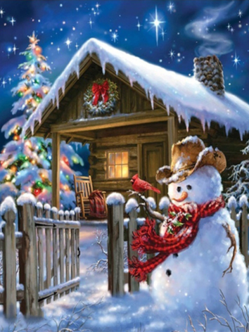 Diamond painting sneeuwman avond huisje