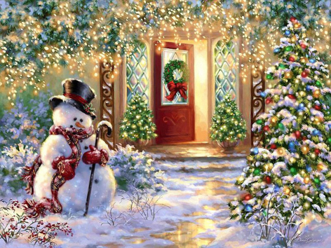 Diamond painting sneeuwman deur lampjes