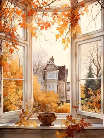 Diamond painting Herfst raam huis
