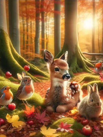 Diamond painting Hert konijn vogels herfst