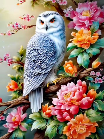Diamond painting uil bloemen boom