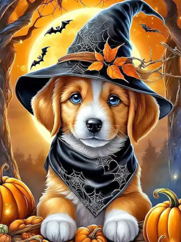 Diamond painting halloween hond heksenhoed