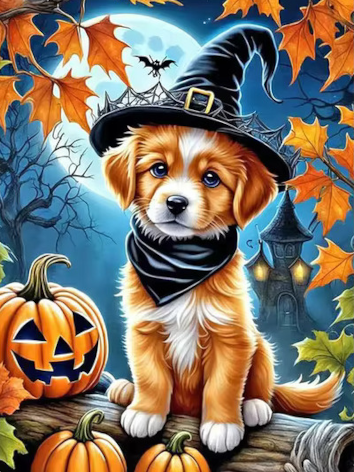 Diamond painting halloween hond pompoen