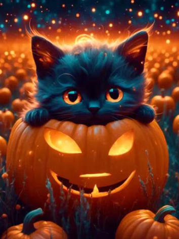 Diamond painting halloween kitten pompoen