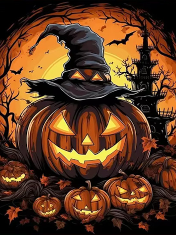 Diamond painting halloween pompoen heksenhoed