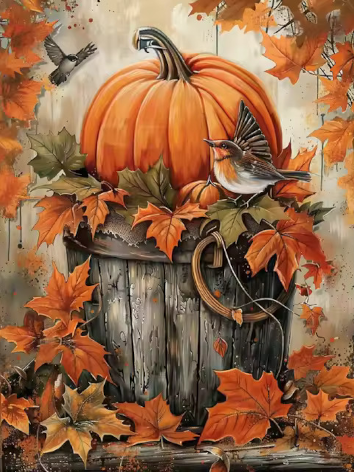 Diamond painting pompoen vogels herfstbladeren