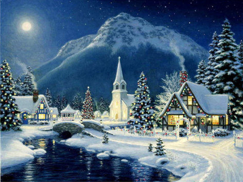 Diamond painting nacht dorpje rivier