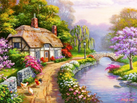 Diamond painting boerderijhuis rivier brug