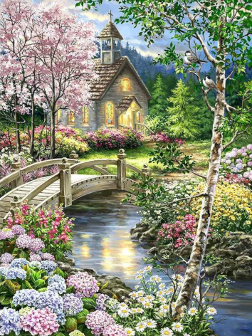 Diamond painting bos brug huis