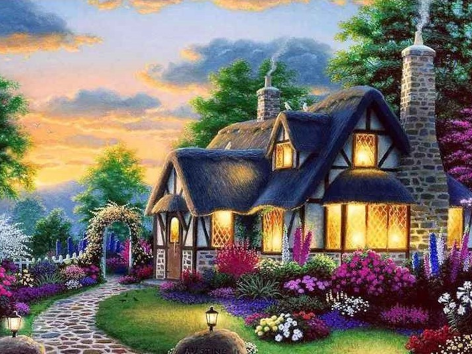 Diamond painting huisje tuin avond