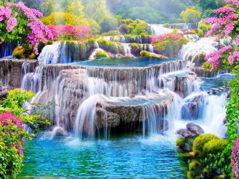Diamond painting waterval bloemen berg