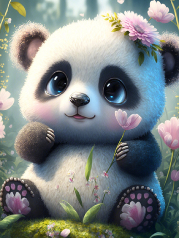 Diamond painting panda bloemen