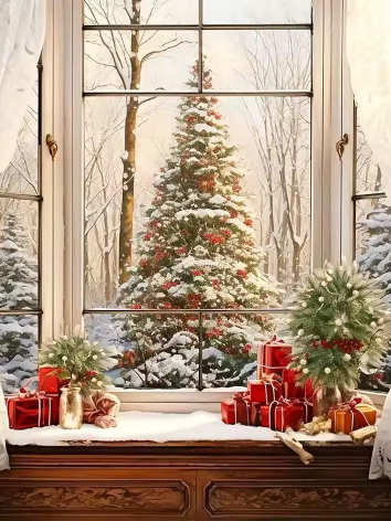 Diamond painting Raam winter kerstboom